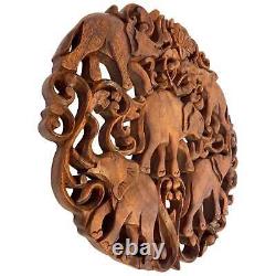 Elephant Family Panel Wall Art Round Plaque Hand Carved Balinese Wood Carving