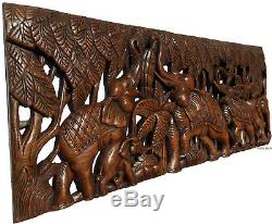 Elephant Family Wood Carved Wall Panel. Tropical Home Decor. 35.5x13.5 Brown