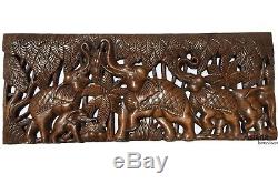 Elephant Family Wood Carved Wall Panel. Tropical Home Decor. 35.5x13.5 Brown