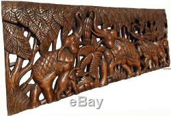 Elephant Family Wood Carved Wall Panel. Tropical Home Decor. 35.5x13.5 Brown