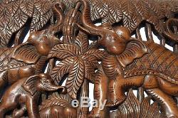 Elephant Family Wood Carved Wall Panel. Tropical Home Decor. 35.5x13.5 Brown