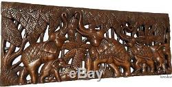 Elephant Family Wood Carved Wall Panel. Tropical Home Decor. 35.5x13.5 Brown