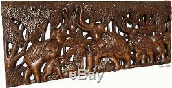 Elephant Family Wood Carved Wall Panel. Tropical Home Decor. 35.5x13.5 Brown