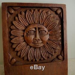 Evelyn Ackerman Carved Wood Panel Sunflower Sun Face Plaque MCM Modernist
