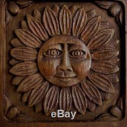 Evelyn Ackerman Carved Wood Panel Sunflower Sun Face Plaque MCM Modernist