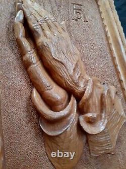 Exquisite vintage large finely carved Praying Hands wood panel 17.5 by 11.5