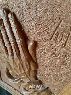 Exquisite vintage large finely carved Praying Hands wood panel 17.5 by 11.5