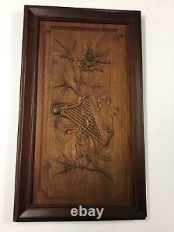 Extroridinary Antique Carved Wood Panel Harp & Vine