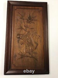 Extroridinary Antique Carved Wood Panel Harp & Vine