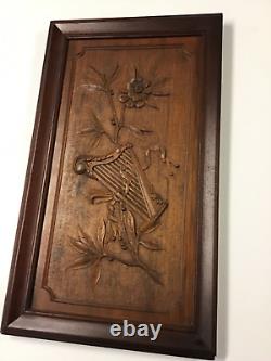 Extroridinary Antique Carved Wood Panel Harp & Vine