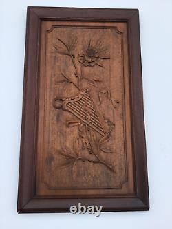 Extroridinary Antique Carved Wood Panel Harp & Vine