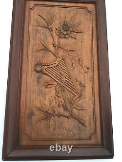 Extroridinary Antique Carved Wood Panel Harp & Vine