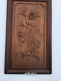 Extroridinary Antique Carved Wood Panel Harp & Vine