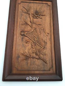 Extroridinary Antique Carved Wood Panel Harp & Vine