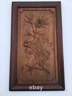 Extroridinary Antique Carved Wood Panel Harp & Vine