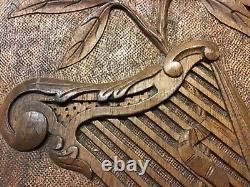 Extroridinary Antique Carved Wood Panel Harp & Vine