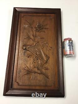 Extroridinary Antique Carved Wood Panel Harp & Vine