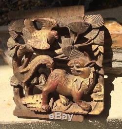 FINE CHINESE ANTIQUE RED & GILDED CARVED WOOD PANEL IN RELIEF w FOO DOG