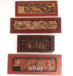 FOUR ANTIQUE CHINESE CARVED WOOD RELIEF PANELS a