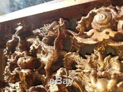 Fantastic Ext Rare Antique Chinese Deeply Carved 9 Dragons Gilt Panel Qianlong