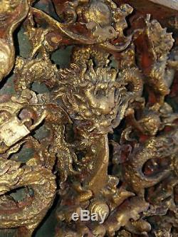 Fantastic Ext Rare Antique Chinese Deeply Carved 9 Dragons Gilt Panel Qianlong