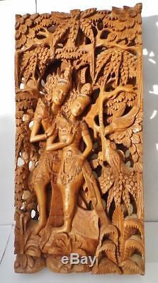 Fine Bali Carved Wood Panel Relief Sculpture Rama & Sita Mid Century Decorative