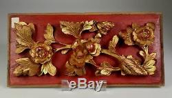 Fine China Chinese Gilded Lacquer Carved Floral Wood Panel Qing Dynasty ca. 1900