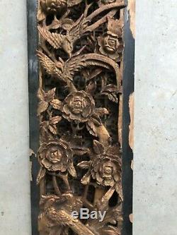 Fine Chinese 19th Century Black Lacquered Carved Wood Gold Gilt Panel Plaque