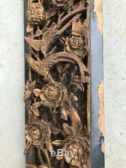 Fine Chinese 19th Century Black Lacquered Carved Wood Gold Gilt Panel Plaque