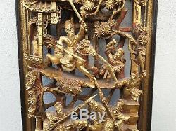 Fine Framed Chinese 19th Century Pierced Carved Wood Gold Gilt Panel Plaque