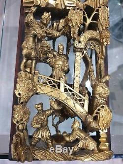 Fine Large Chinese Qing Period Pierced Carved Wood Gold Gilt Panel Plaque