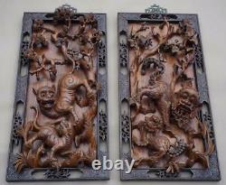 Fine Pair Of Chinese / Korean Hardwood Carved Tiger Panels, 19th Century