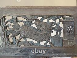 Finely Carved Chinese Antique 19th C. Carved Wood Relief Panel With Dragon