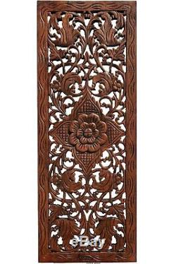 Floral Carved Wood Wall Panel. Teak Wood Wall Decor Hanging. Brown-Red Mahogany