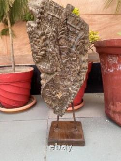 Floral Statue Bracket 1700's Antique Wood Hand Carved Painted Panel With Stand