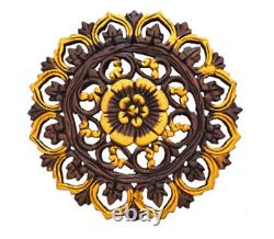 Floral Wood Carved Wall Panel Asian Round Plaque Luxury Teak Leaf Art Home Decor
