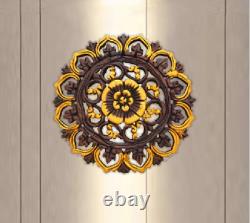 Floral Wood Carved Wall Panel Asian Round Plaque Luxury Teak Leaf Art Home Decor