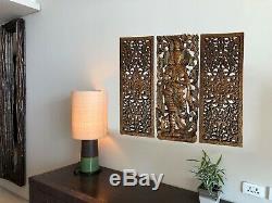 Floral and Sawadee Greeting Carved Wood Wall Art Panel. Asian Home Decor Set of 3