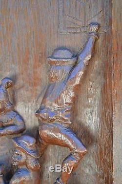 French 19th. C Large Hand Carved Oak Wood Panel Frame Picture Tavern Bar
