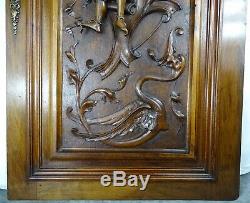 French Antique Architectural Hand Carved Walnut Wood Door Panel Jester+chimera