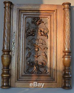 French Antique Carved Oak Wood Architectural Door Panel Two Columns Pillars 1