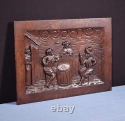 French Antique Carved Panel Solid Oak Wood Door with Men Drinking in a Bar