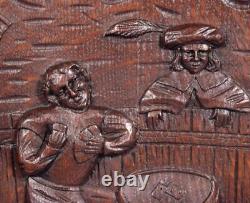 French Antique Carved Panel Solid Oak Wood Door with Men Drinking in a Bar