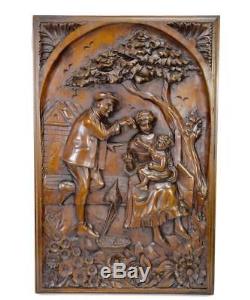French Antique Country Scene Hand Carved Wood Wall Panel Art