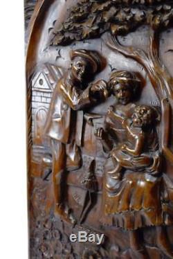 French Antique Country Scene Hand Carved Wood Wall Panel Art