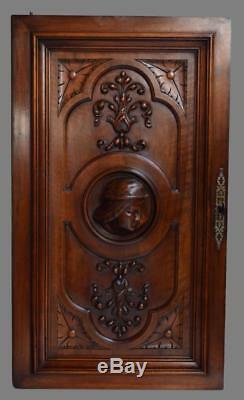 French Antique Deep Carved Architectural Panel Door Solid Walnut Wood Woman Face