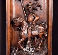 French Antique Deep Carved Architectural Panel Door Solid Walnut Wood withKnight