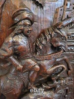 French Antique Deep Carved Architectural Wall Panel Solid Walnut Wood Horse Deer