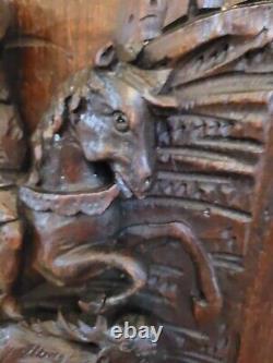French Antique Deep Carved Architectural Wall Panel Solid Walnut Wood Horse Deer