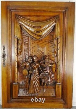 French Antique Deep Carved Architectural Walnut Wood Panel Door Castle Scene